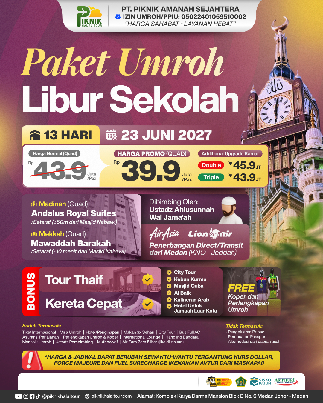 Paket Umroh Libur Sekolah 2027 Medan Terkomplit – 13 Hari Harga Promo