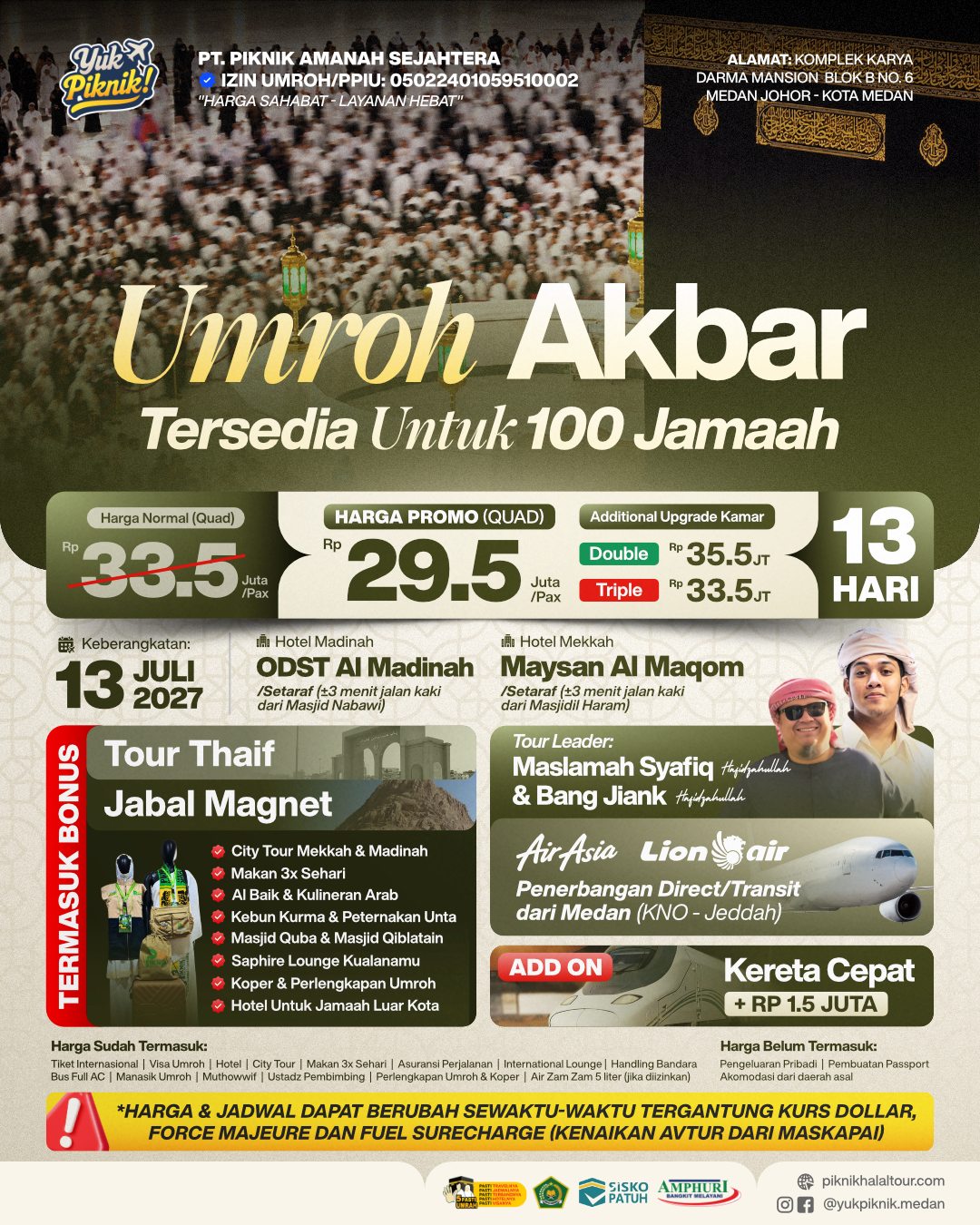 Paket Umroh Akbar Juli 2027 Medan YP – 13 Hari Seat 100 Jamaah
