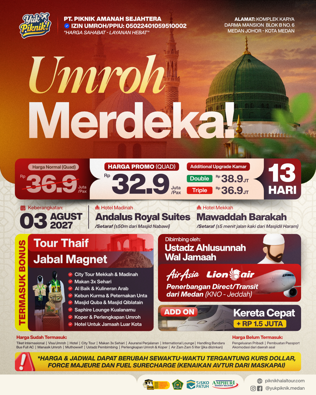 Paket Umroh Merdeka Agustus 2027 Medan YP – 13 Hari Promo Hemat