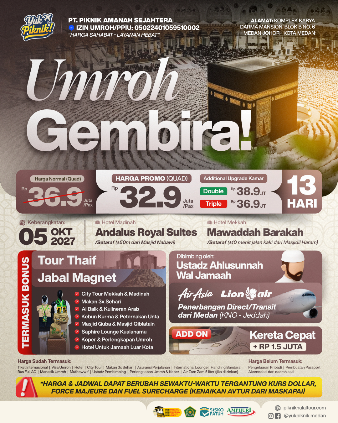 Paket Umroh Oktober 2027 Medan Hemat – Umroh Gembira Yuk! Piknik 13 Hari