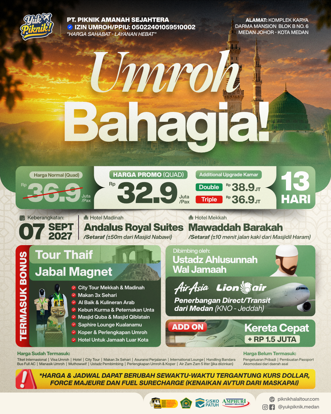 Paket Umroh September 2027 Medan YP – Umroh Bahagia 13 Hari
