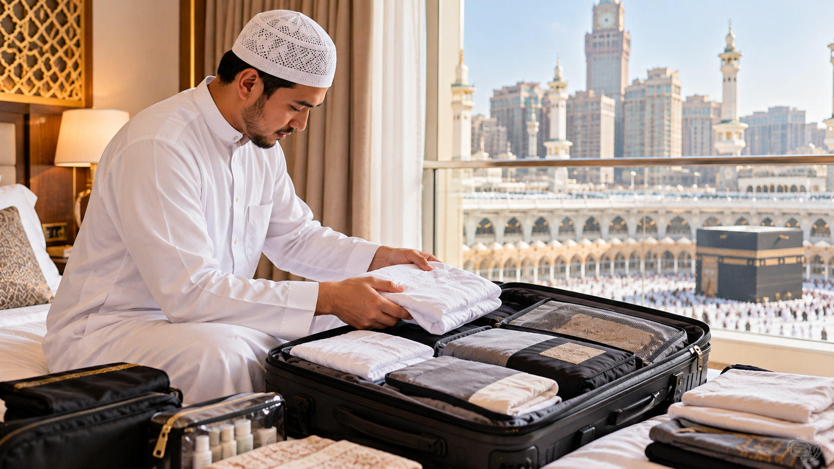 Upgrade Hotel Saat Umrah Pria muslim mempelajari pilihan upgrade hotel saat umrah sebelum mendaftar paket perjalanan