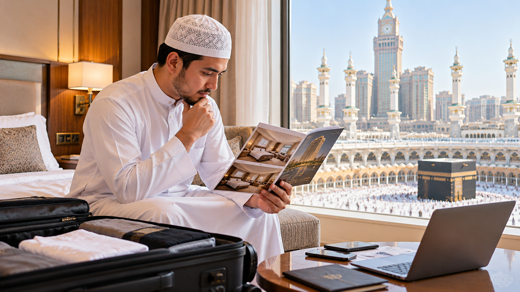 Upgrade Hotel Saat Umrah Pria muslim mempelajari pilihan upgrade hotel saat umrah sebelum mendaftar paket perjalanan