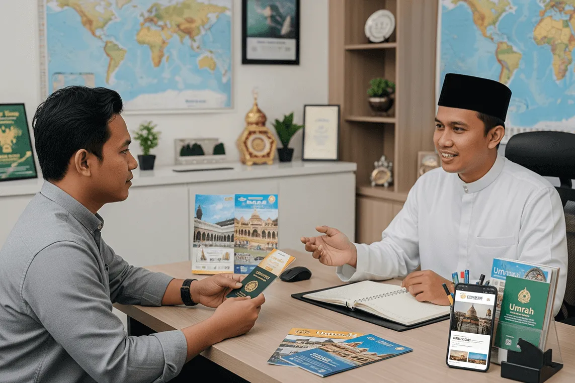 Travel Umrah Terpercaya Calon jamaah berkonsultasi dengan staf travel umrah terpercaya mengenai biaya dan fasilitas perjalanan